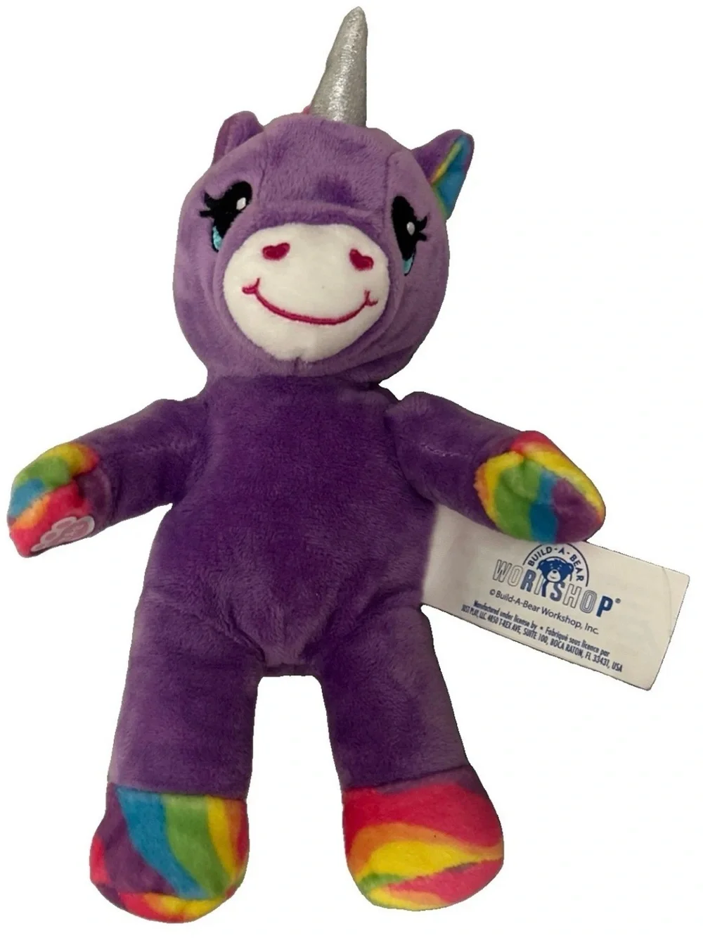 Build-A-Bear Purple Unicorn Plush with Rainbow Accents and Silver Horn